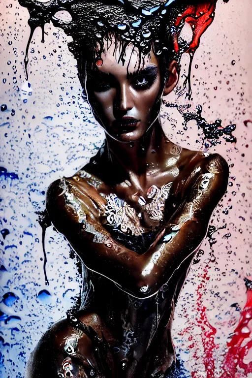 Image similar to fierce wet fashion model, splash, sweat skin, liquid metal, effervescent, black roses, poster art, high detail, intricate oil painting and splashed watercolor, deep mood, hyperrealism, 3 d, in the style of irakli nadar,