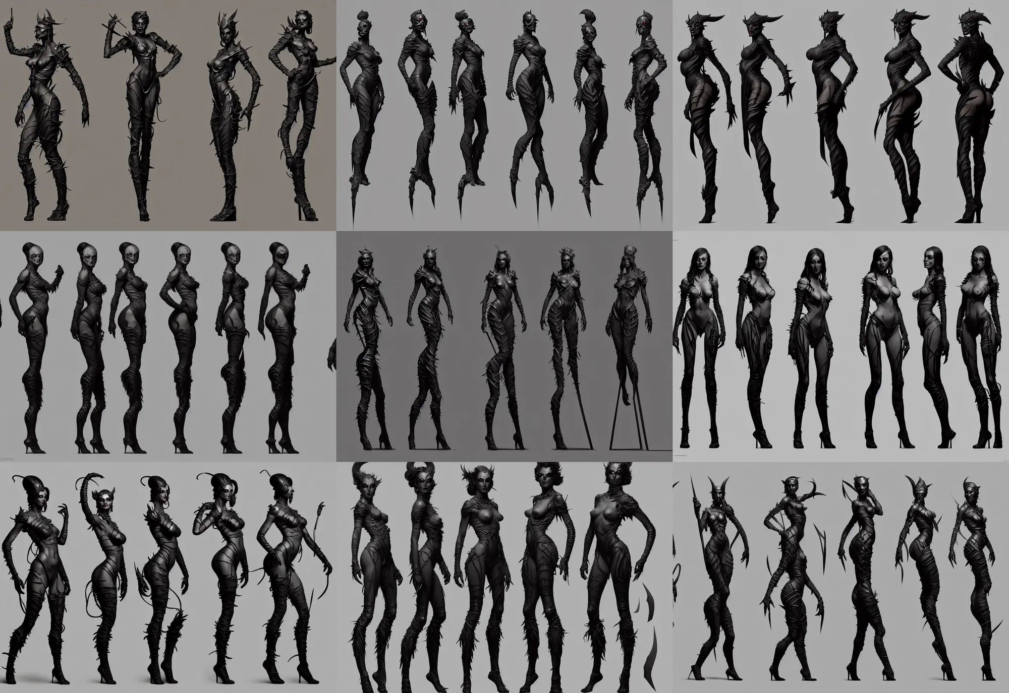 Image similar to three views game character design by illustrator of riot games, donato giancola and greg rutkowski. just one lonely black tape project show attctive showgirl!! full body!! future head set. contour light effect!! 8 k. stage light. octane render. sharp edge. ultra clear detailed