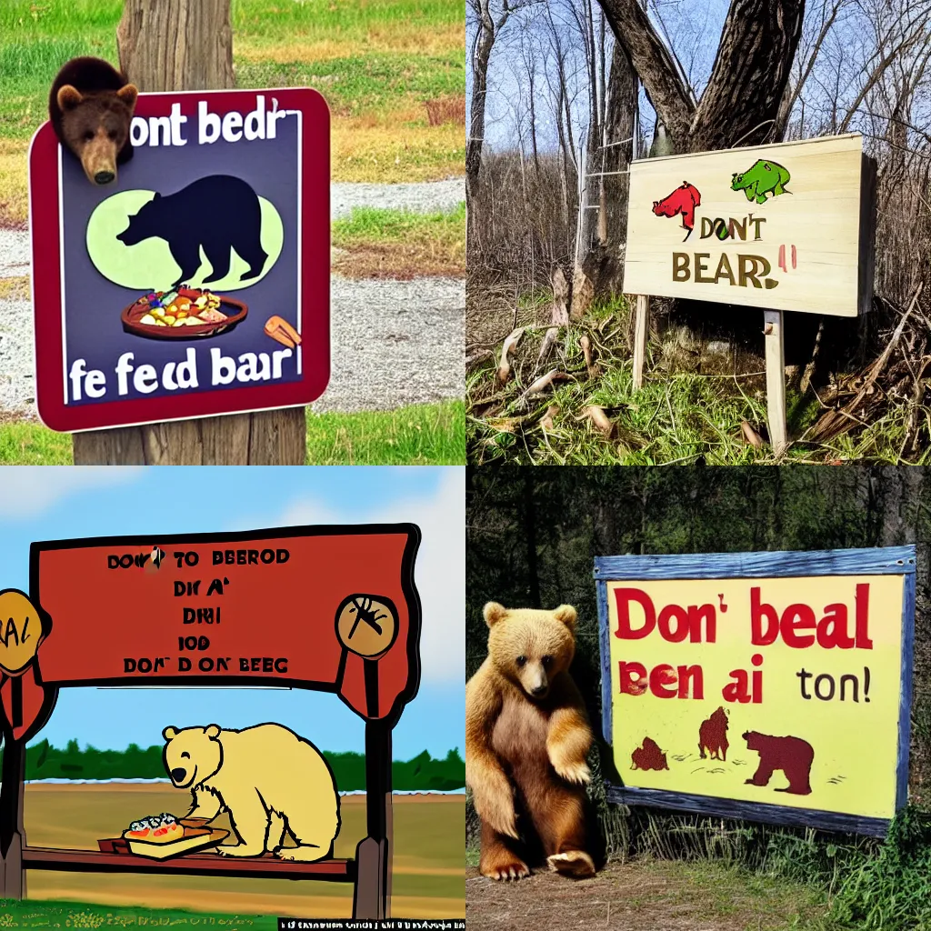 Prompt: a sign that says don't feed the bears with a picture of a cartoon bear eating a picnic basket