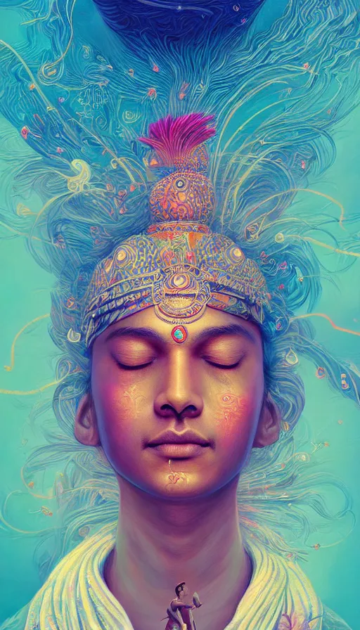 Image similar to indian master, meditation, universe, dream, highly detailed, digital painting, refreshing, trending on artstation, octane render, hyper realistic, illustration by james jean