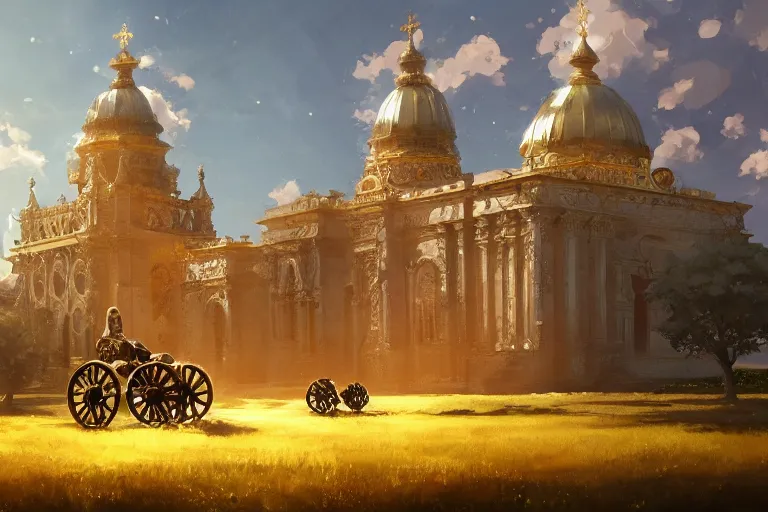 Image similar to an mobile ornate baroque church with chain wheels, scene in an open field. key visual, conceptart, ambient lighting, highly detailed, digital painting, artstation, concept art, sharp focus, by makoto shinkai and akihiko yoshida and greg manchess