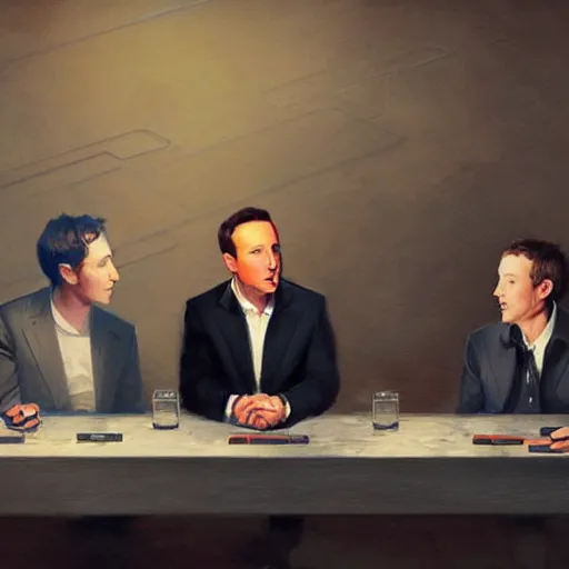 Image similar to portrait of elon musk, mark zuckerberg, jeff bezos, in meeting together, same table, very detailed, art contest winner on behance, trendy on deviant art, by by artgem, greg rutkowski, makoto shinkai