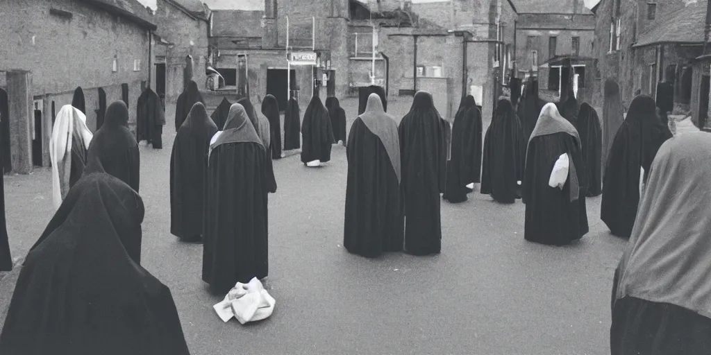 Image similar to black robed and hooded people point towards the viewer in a circle calling forth an eldritch horror, old film, 35mm film, found film, scary, ominous, frightening, ghastly, photorealistic