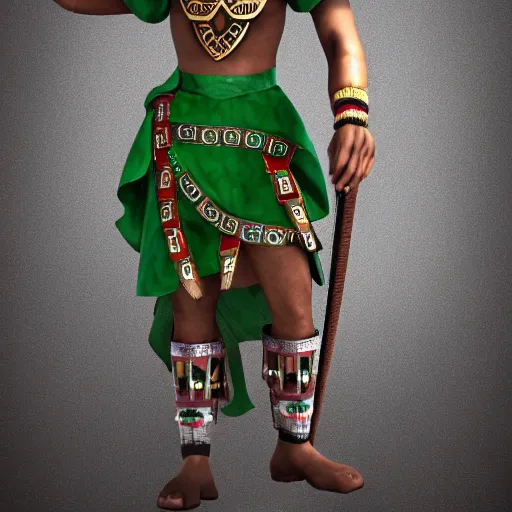 Prompt: high resolution render of an Aztec Warrior with jade jewelry and a stone bladed club