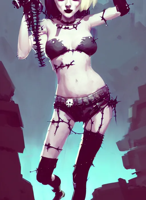 Image similar to portrait of cute goth harley quinn girl with crown of thorns in bikini armor, warhammer, cyberpunk, by atey ghailan, by greg rutkowski, by greg tocchini, by james gilleard, by joe gb fenton, by kaethe butcher, dynamic lighting, gradient light blue, brown, blonde cream and white color in scheme, grunge aesthetic