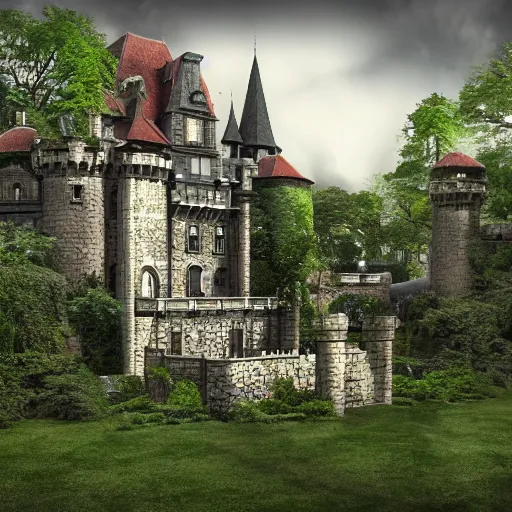 Prompt: a castle within a garden, realistic, photo studio, HDR, 8k, trending on artstation