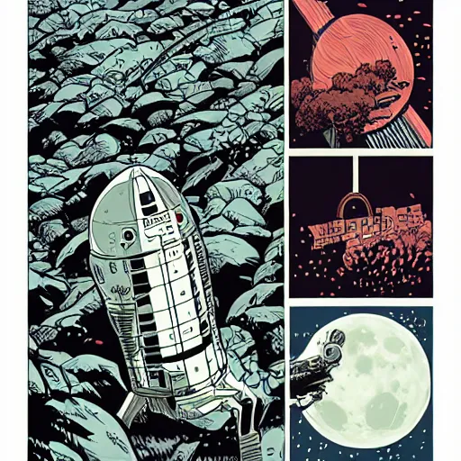 Prompt: moon rocket, by laurie greasley and james stokoe