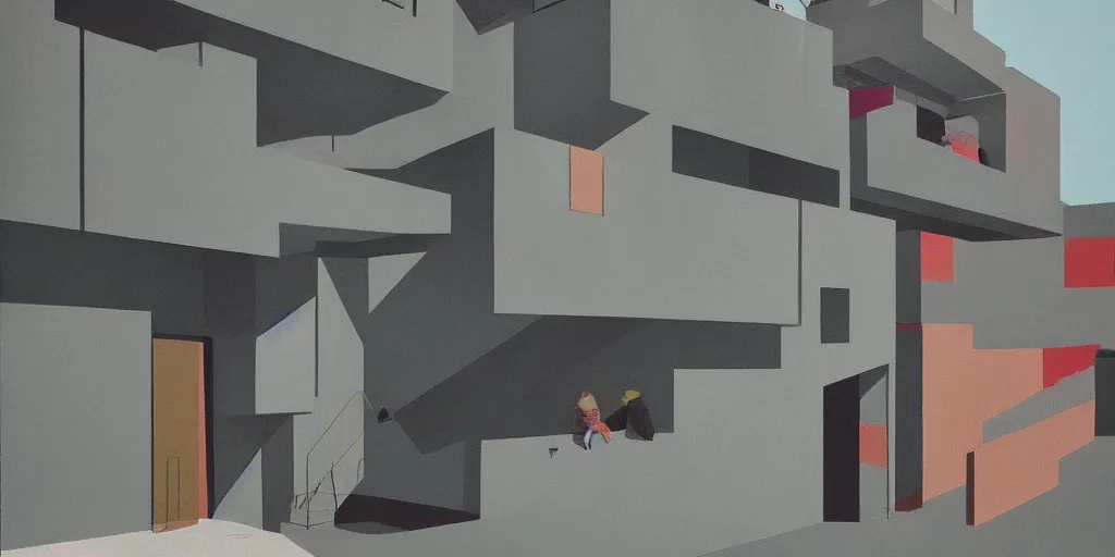 Prompt: a colourful brutalism art gallery with brutalism paintings in the style of tim eitel and cool looking hipsters