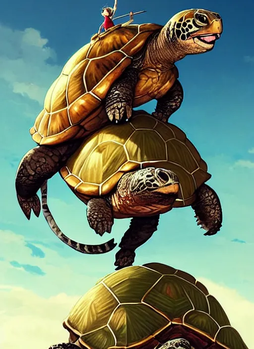 Prompt: character portrait of The tallest mountain topped by a cat riding a gigantic turtle, with another cat riding a large turtle atop the mountain. By Greg Rutkowski. cute beautiful attractive detailed. Character design by charlie bowater, ross tran, artgerm, and makoto shinkai, detailed, inked, western comic book art