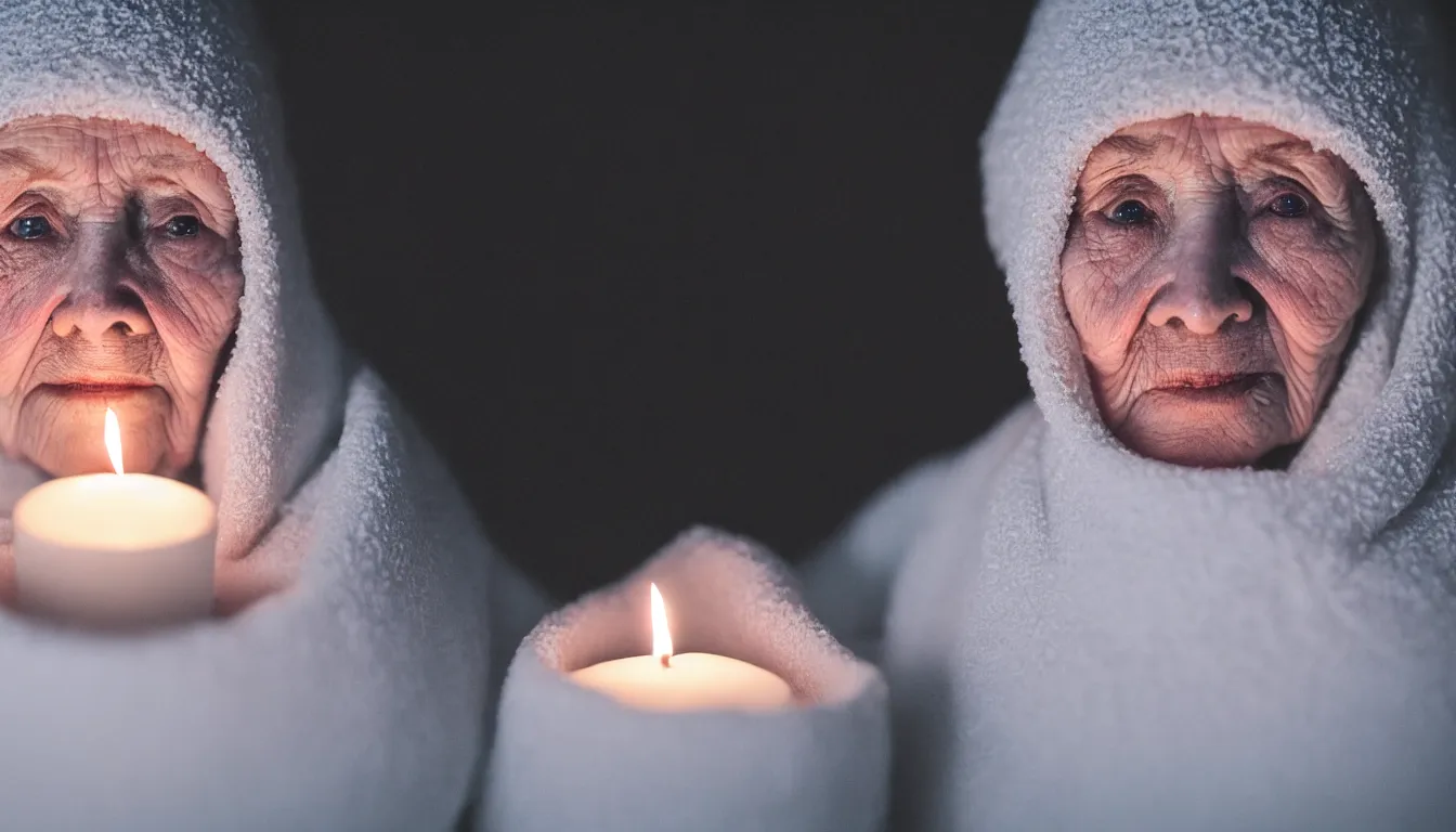 Prompt: a close up portrait of one solitary old underweight lady frozen, full colour, hyper realistic photo, candle light, shallow depth of field, upscale, 8 k, masterpiece,