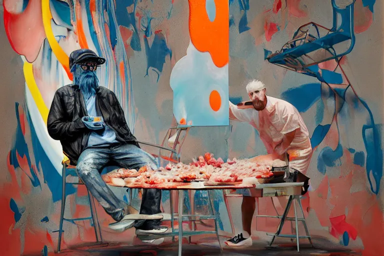 Image similar to portrait of a morphed painter sitting in a chair at a bbq grill tending to meat, art by james jean and luc tuymans and vincent lefevre and hernan bas and pat steir and hilma af klint, psychological, dripping paint, high quality render, cg society contest winner, retrofuturism, masterpiece