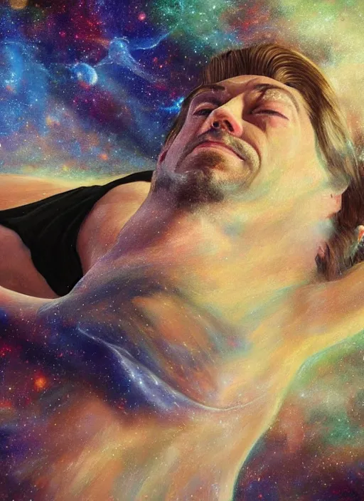 Image similar to alan watts laying down floating in the universe full body romanticism style painting highly detailed realism, featured on artstation