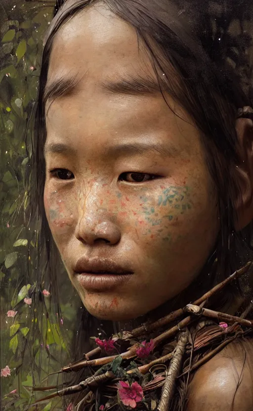 Image similar to detailed portrait of a tribal woman with asian eyes and thick lip forest girl, flowers and trees, by ismail inceoglu dragan bibin hans thoma greg rutkowski alexandros pyromallis nekro rene maritte illustrated, perfect face, fine details, realistic shaded, fine - face, pretty face