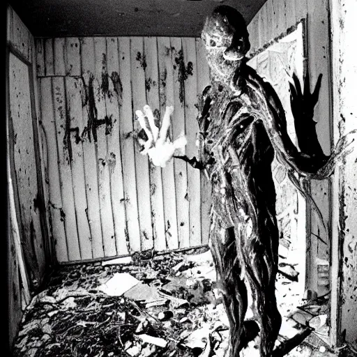 Image similar to 1 9 9 3, disposable camera, flash, old abandoned house, mutant creature standing, meat, ooze, slime, veins, wet