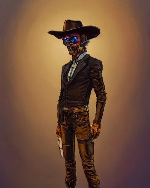 Image similar to a oil / watercolor painting full body character portrait of a high noon android in the style of moebius in the style of leonard boyarsky trending on artstation deviantart pinterest detailed realistic hd 8 k high resolution