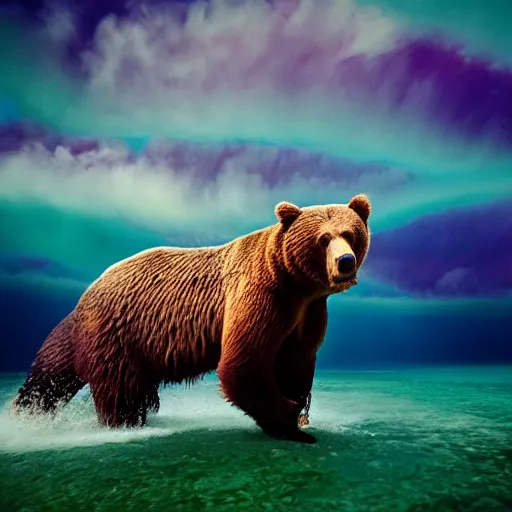 Prompt: film photography of a brown bear swimming through colourful clouds by Kim Keever, low shutter speed, 35mm