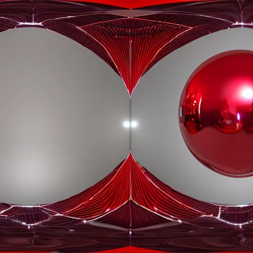 Prompt: chrome spheres on a red cube, 360 panorama