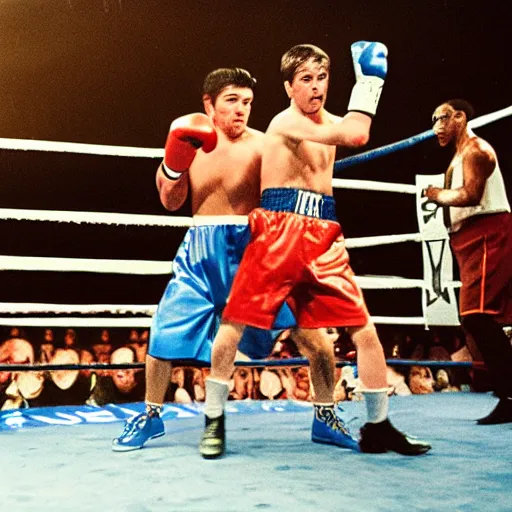 Prompt: boxing match between little mac and glass joe by neil leifer, dramatic lightning, sports photography