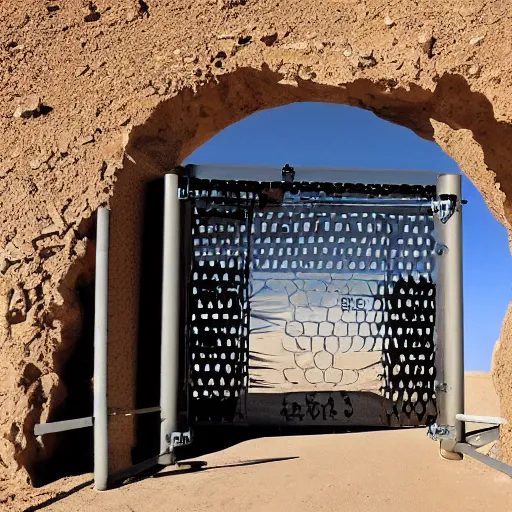 Image similar to a giant closed metal gate inside a secret laboratory in the desert