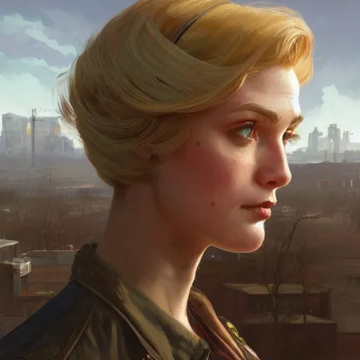 Prompt: Half portrait of a woman with blonde hair as a character in Fallout 4 walking in Boston City, gorgeous, beautiful, intricate, highly detailed, digital painting, artstation, oppressive lighting, concept art, sharp focus, illustration, art by greg rutkowski and alphonse mucha