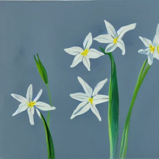 Image similar to painting of a field of light blue lilys, matte