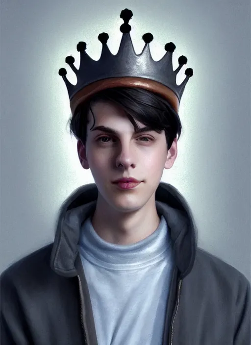 Image similar to portrait of teenage jughead jones wearing a light grey crown, photorealistic, crown, eyes closed, crown, black hair, intricate, elegant, glowing lights, highly detailed, digital painting, artstation, concept art, smooth, sharp focus, illustration, art by wlop, mars ravelo and greg rutkowski