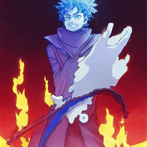 Prompt: portrait of Spike Spiegel fire Wizard Mage Wearing an obsidian vest whilst disguised as a devil atop the volcano uta natsume naoko takeuchi katsuhiro otomo Alexey Egorov Inio Asano sui ishida anime mangaka