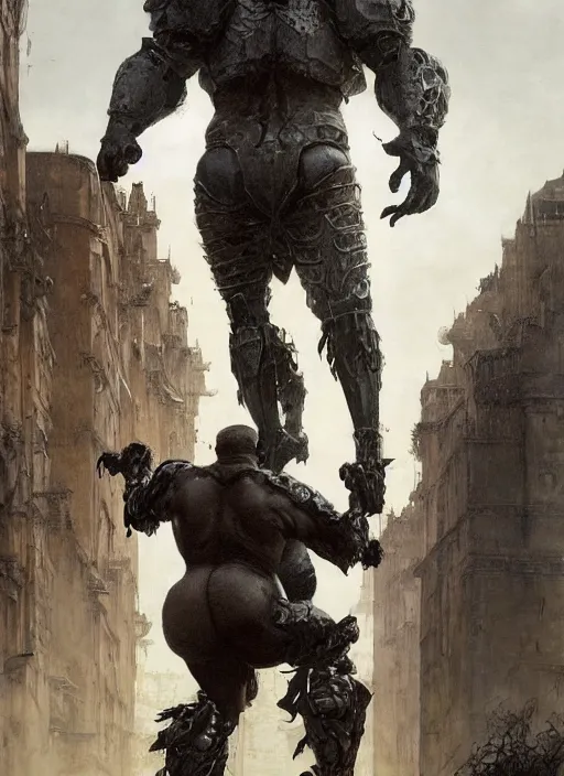 Image similar to full body portrait of martyn ford as huge towering bipedal horror demon with bulbous torso wearing armour walks down city street, people flee, painted by ruan jia, raymond swanland, lawrence alma tadema, zdzislaw beksinski, norman rockwell, jack kirby, tom lovell, alex malveda, greg staples