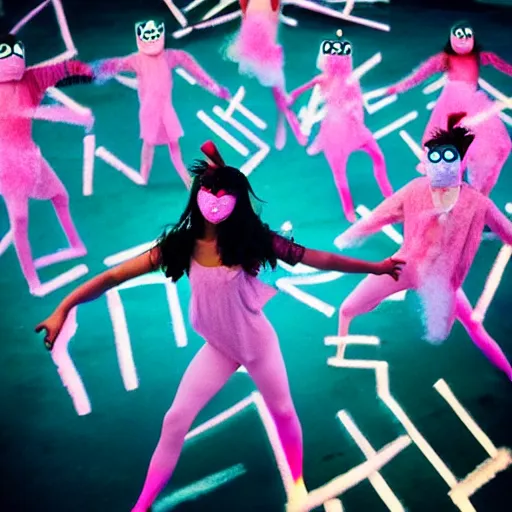 Image similar to photo of dancers made from cotton candy in big geometric MASKS, smudge, lo fi, mix, texture, lomography