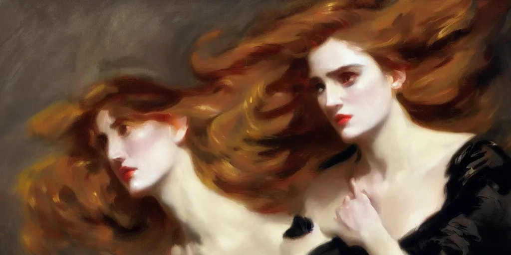 Prompt: Close-up portrait of a single femme fatale, by John Singer Sargent, Albert Bierstadt, Ernst Haeckel, James Jean, one woman, emotional, cinematic atmospheric, moody atmosphere, oil on canvas, artstation