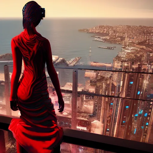 Prompt: cyberpunk girl wearing a red swirling dress, standing on an Imerovigli terrace looking down into the ocean, trending on artstation, cinematic lighting