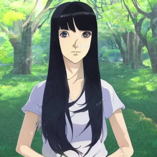 Prompt: Character portrait of a young beautiful woman with long black hair and bangs in a lush park, focus on facial features, large eyes, highly detailed, cel shading, Studio Ghibli still, by Makoto Shinkai and Akihiko Yoshida