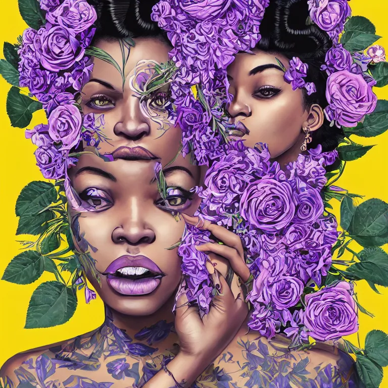 Prompt: gorgeous symmetrical portrait of a crazy black woman with lavender and rose florals growing from her head by tristan eaton and james jean, hyper detailed painting, distance, centered, hd, hq, high resolution, high detail, 4 k, 8 k