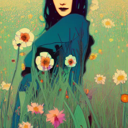 Image similar to a beautiful painting of a girl in a field of flowers by andy warhol and conrad roset and alphonse mucha and nekro and greg rutkowski. colorful comic, film noirs, symmetry, sharp lines, hyper detailed. octane render. trending on artstation