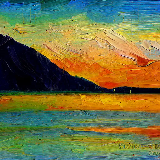 Image similar to a beautiful impasto oil painting of lake chiemsee, digital art