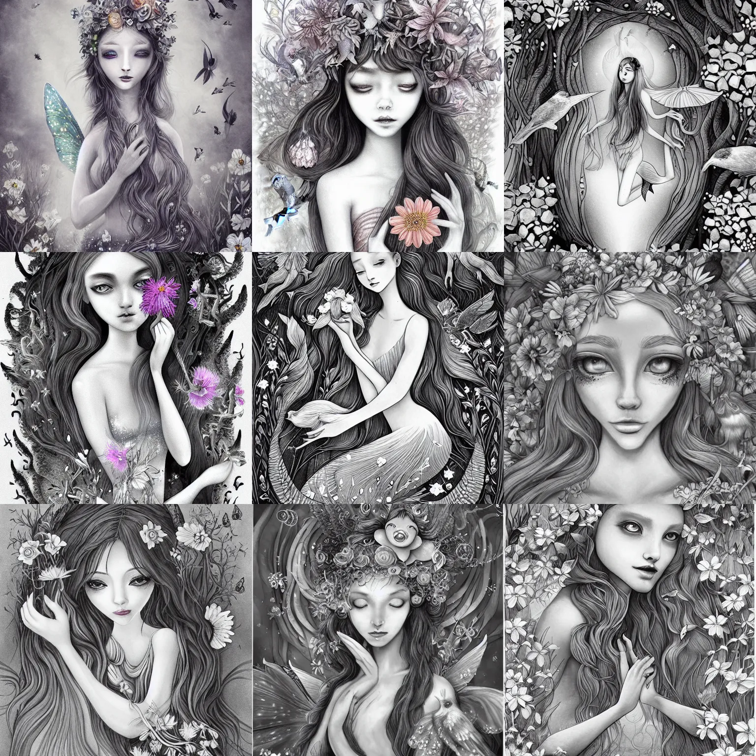 Prompt: magical illustrations of ethereal fantasy creatures, beautiful fairies, mermaids and female portraits with flowers, whimsical big - eyed characters accompanied by animals and birds, greyscale