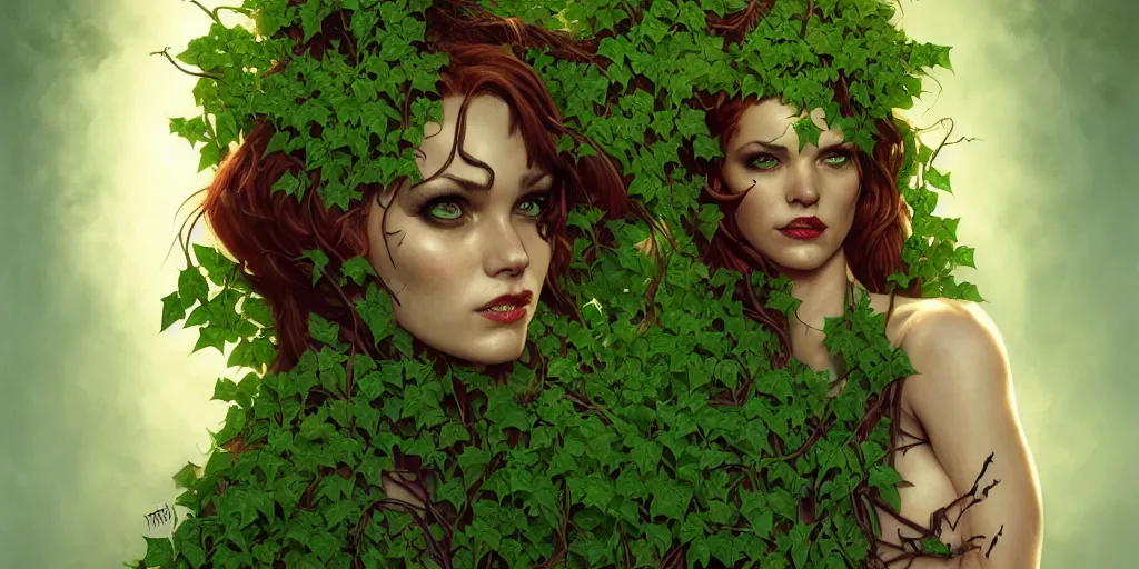 Image similar to poison ivy battle pose, Batman wrapped up in vines, illustration, realistic eyes, artstation, cinematic lighting, hyperdetailed, detailed realistic symmetrical eyes, cgsociety, 8k, high resolution, Charlie Bowater, Tom Bagshaw, Norman Rockwell, insanely detailed and intricate, prison background