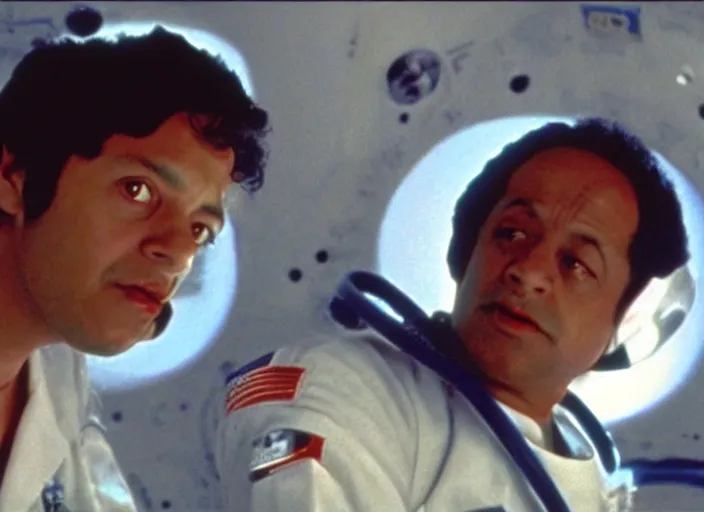 Image similar to film still of young old Cheech Marin as Dr. Dave Bowman in shuttle flying into black hole in 2001 A Space Odyssey