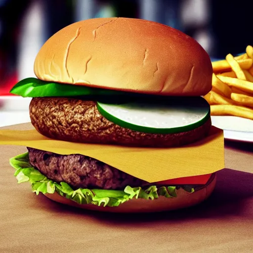 Image similar to a very realistic picture of a hamburger with french fries , ultra realistic, hyper detail,