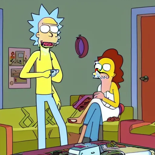 Image similar to Rick & Morty starring in the simpsons couch-gag