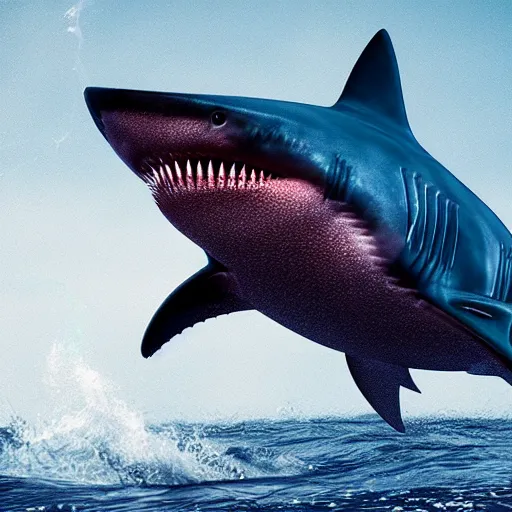 Image similar to cybernetic shark jumping out of bloody water, photorealistic, 8k, highly detailed