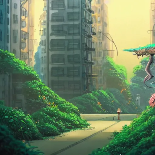 Image similar to a beautiful movie still in the style of Studio Ghibli anime showing a giant alien creature flying through a post-apocalyptic New York City overrun with vegetation. Studio Ghibli, trending on artstation, trending on behance