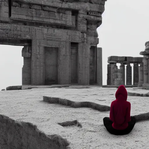 Prompt: high - tech space cult woman with hoodie looking at floating islands while standing on ruins of ancient temple, foggy of a ancient temple in temple dramatic lighting, epic, octane render, volumetric light, unreal engine, artbreeder, 8 k, background, scene