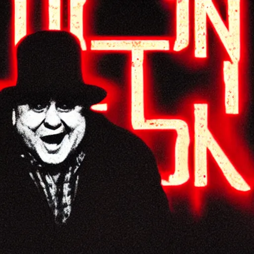 Image similar to danny devito is freddy kruger nightmare on elm street always sunny in philledelphia silloute night dark synth fog spooky red neon slasher movie poster high detail