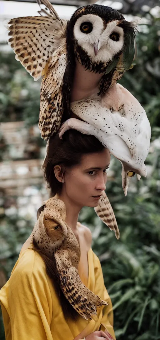 Image similar to head to shoulder portrait film photograph of an elegant top model wearing a yellow kimono with a very detailed barn owl on her shoulder!!! in a tropical greenhouse. looking at the camera!!. super resolution. 85 mm f1.8 lens.bokeh. graflex. by Alessio albi !