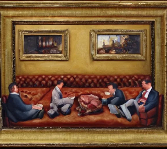 Prompt: oil painting of couch made out of meat, business men sitting and talking,