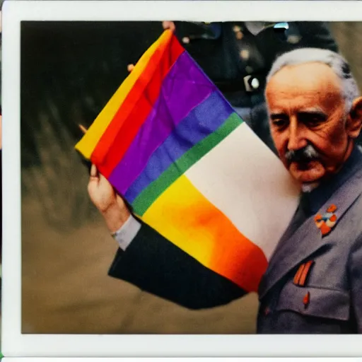 Image similar to polaroid photo of francisco franco holding an lgbti flag