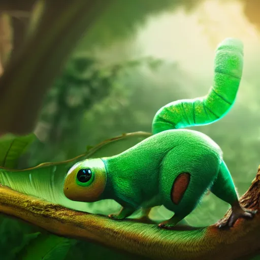 Image similar to photography of a realistic caterpie animal, chenipan, ultra detailed, 8 k, cinematic lighting, natural background, trending on artstation, pokemon