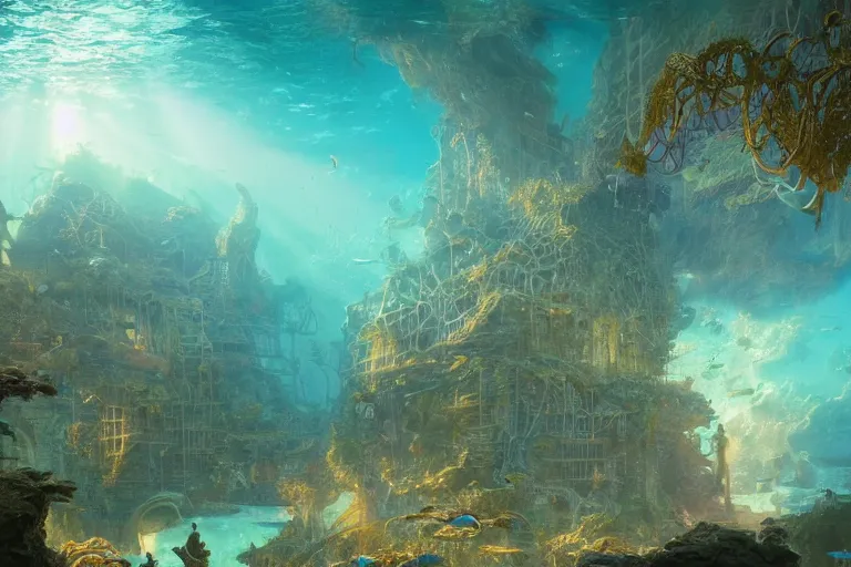 Image similar to a scenic landscaping view of the lost and abandoned city of Atlantic under water, ray of sunlight, mermaids in distance, Greg Rutkowski, Moebius, Mohrbacher, Mucha, blue and gold color scheme, ultra wide angle, ultra detailed, light effect