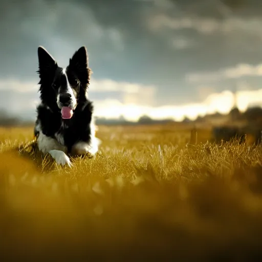 Image similar to Border Collie, splash art, movie still, cinematic lighting, dramatic, octane render, long lens, shallow depth of field, bokeh, anamorphic lens flare, 8k, hyper detailed, 35mm film grain